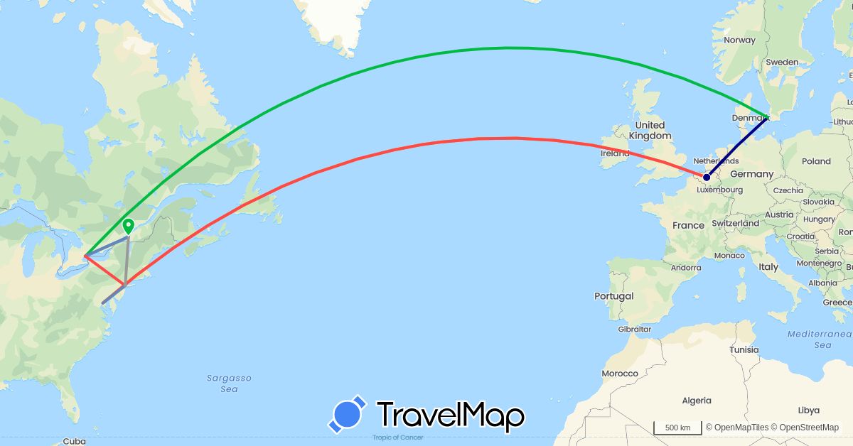 TravelMap itinerary: driving, bus, plane, cycling, hiking, hitchhiking in Belgium, Canada, Denmark, United States (Europe, North America)